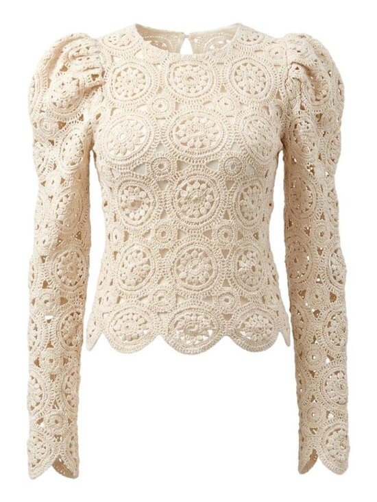 Zara Tops - Zara Beige Crochet Lace Romantic Puff Sleeve Scalloped Hem Top Size S